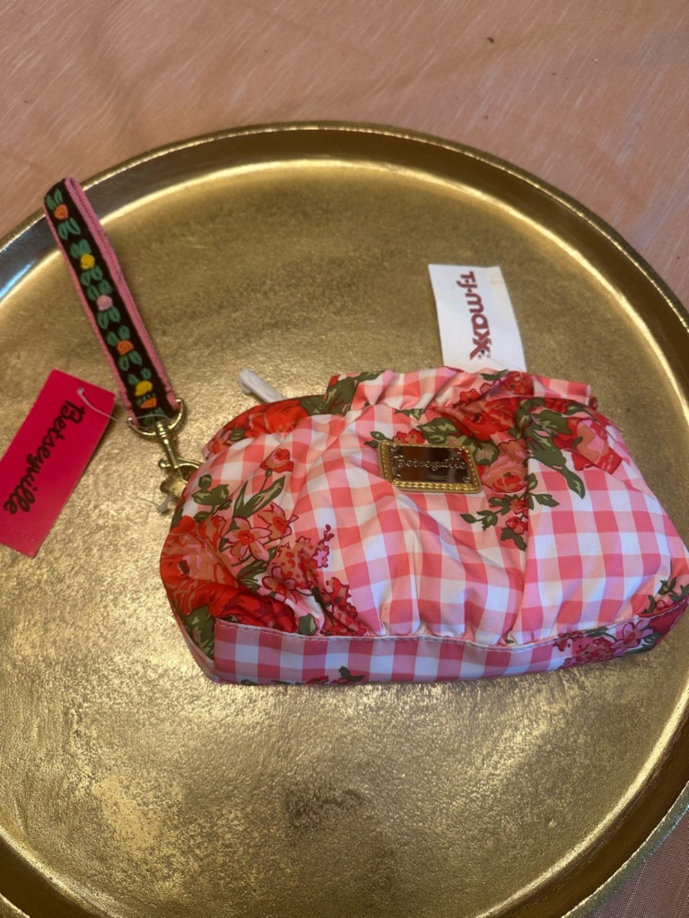 Betsey Johnson Pink Gingham Floral Wristlet with Embroidered Strap Vintage rose